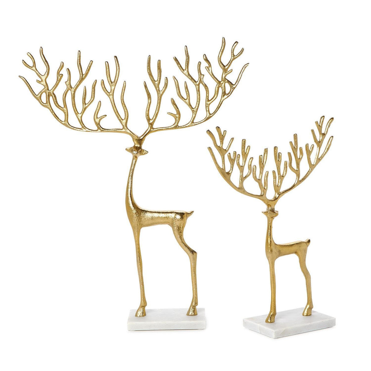 Gold-finished aluminum reindeer sculpture with branching antlers on a marble base