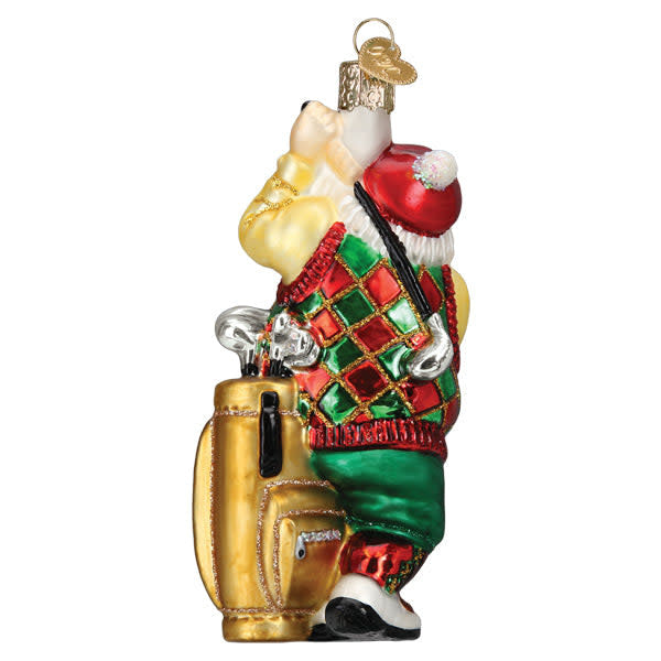 Golfing Santa ornament in red suit holding a golf club against white background