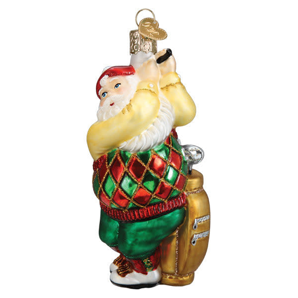 Red golfing Santa ornament with white beard holding a club on green background