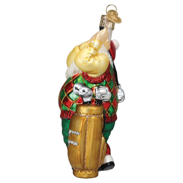 Side view of a Golfing Santa ornament in red with white beard holding golf clubs.