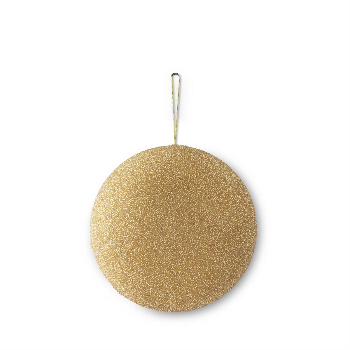 7 inch round gold seed bead ornament with a hanging loop.