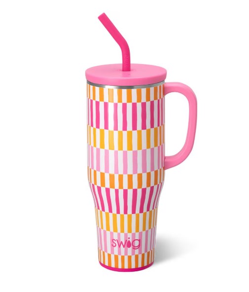 40 oz Sherbet Stripe Mega Mug with pink handle, lid, and straw featuring orange and pink stripes.