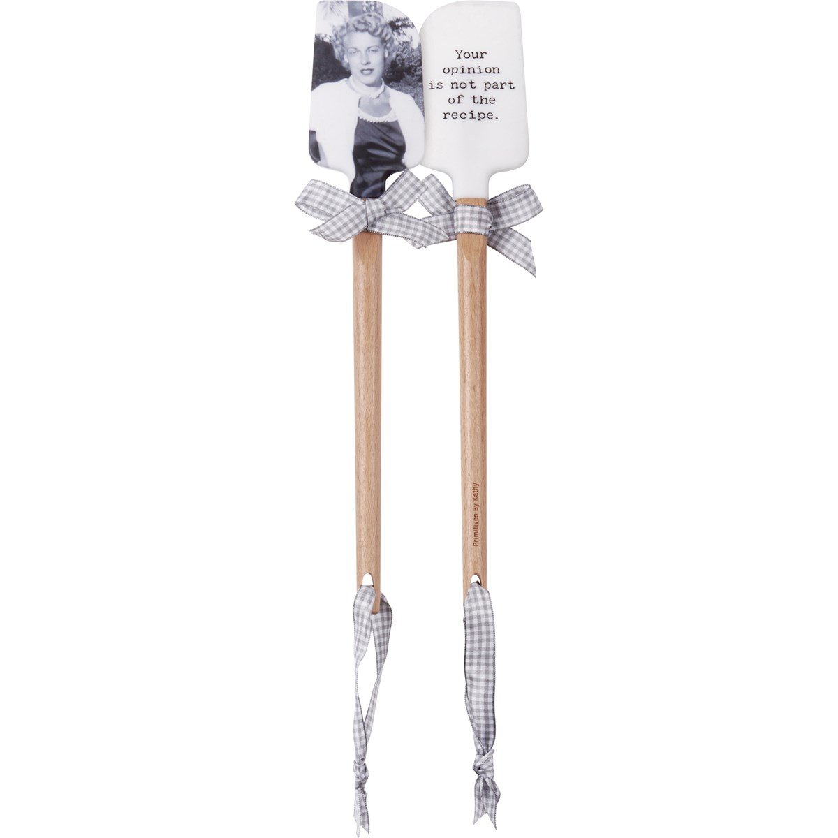 Two silicone spatulas with wooden handles, a vintage woman's photo, and a sassy quote.