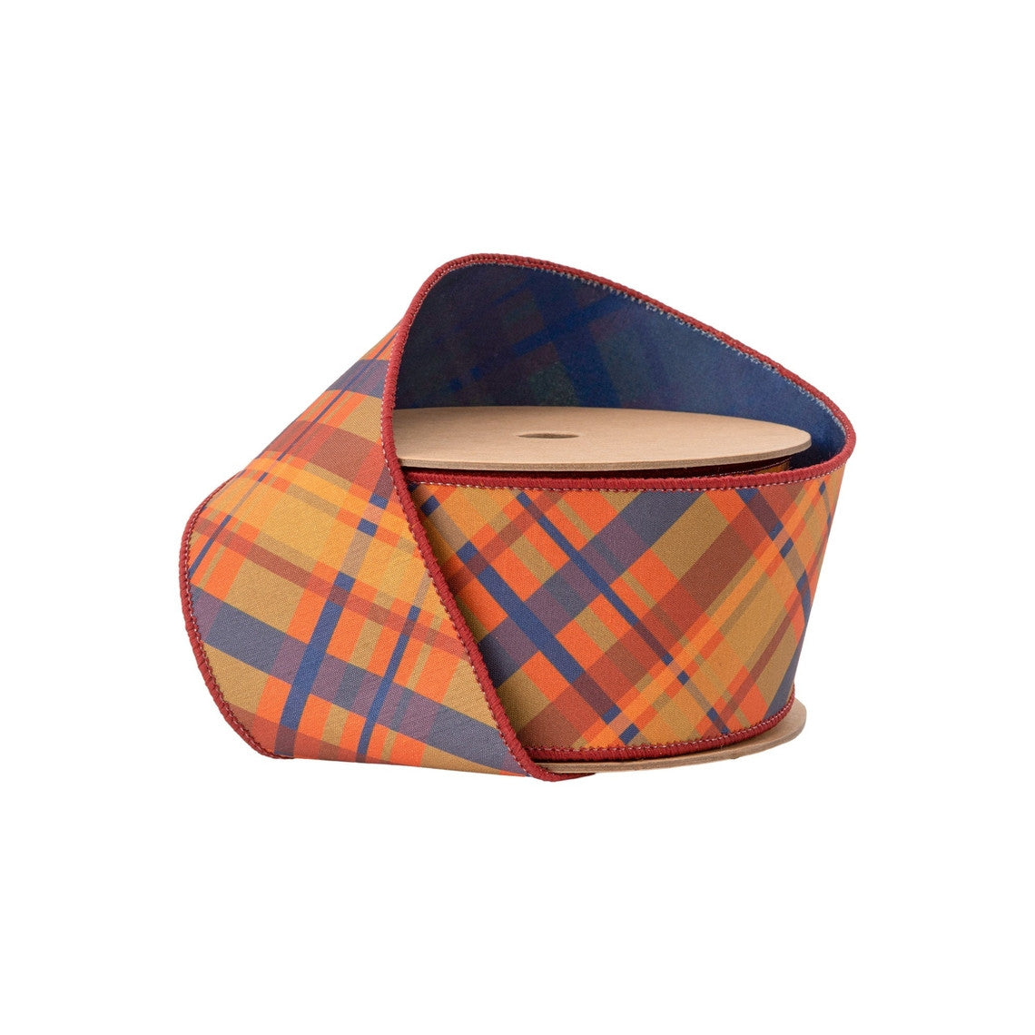 2 1/2" wired dupioni fall plaid ribbon in blue and orange with a solid blue backing on a spool.