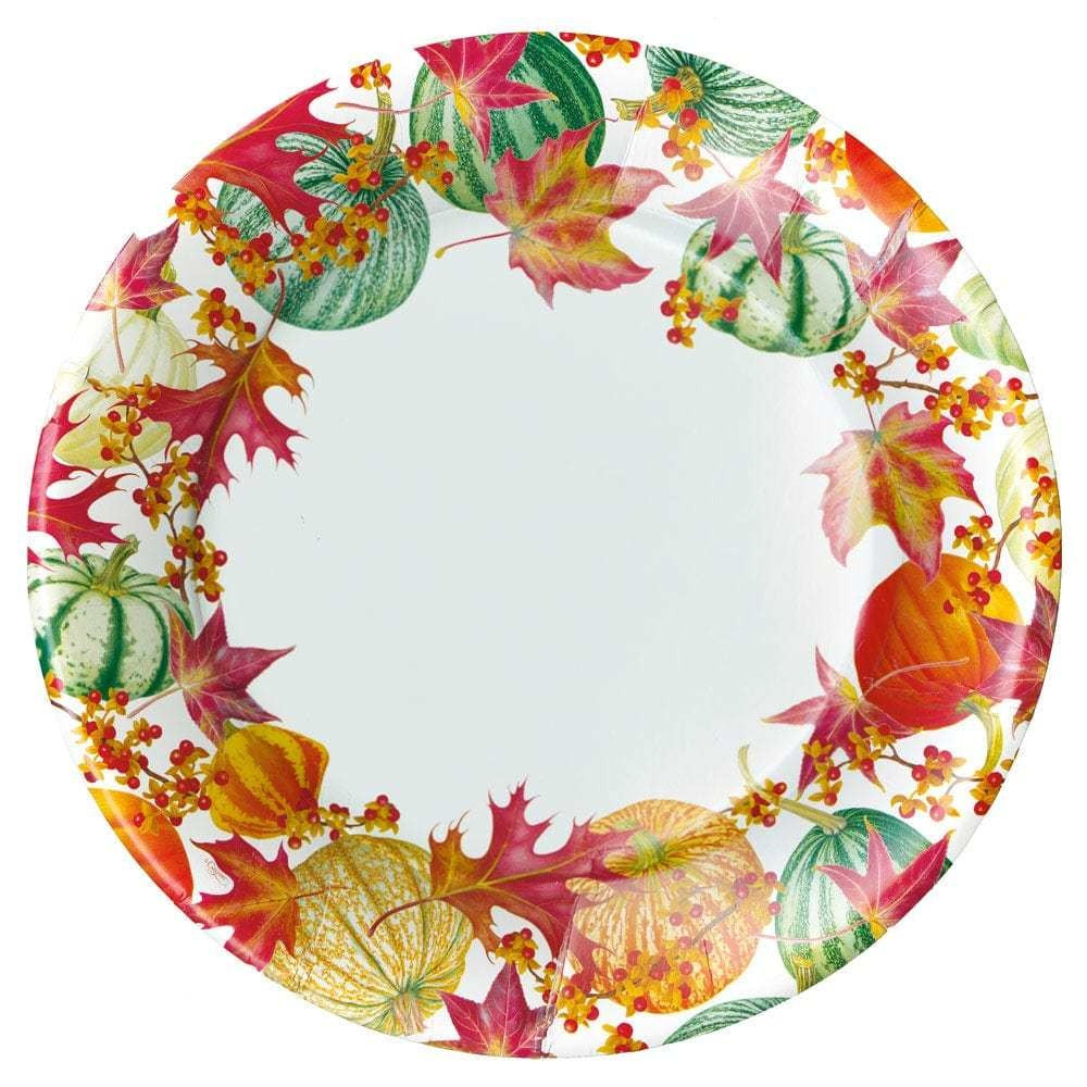Square paper dinner plates featuring a gourd and leaf botanical print in earthy tones.