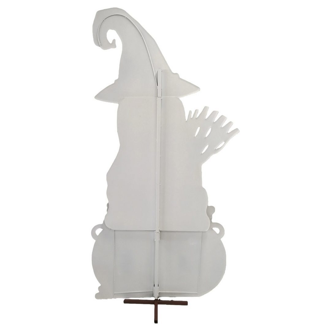 Back view of a tall white ghost witch cutout with a cauldron, broom, and support stand.