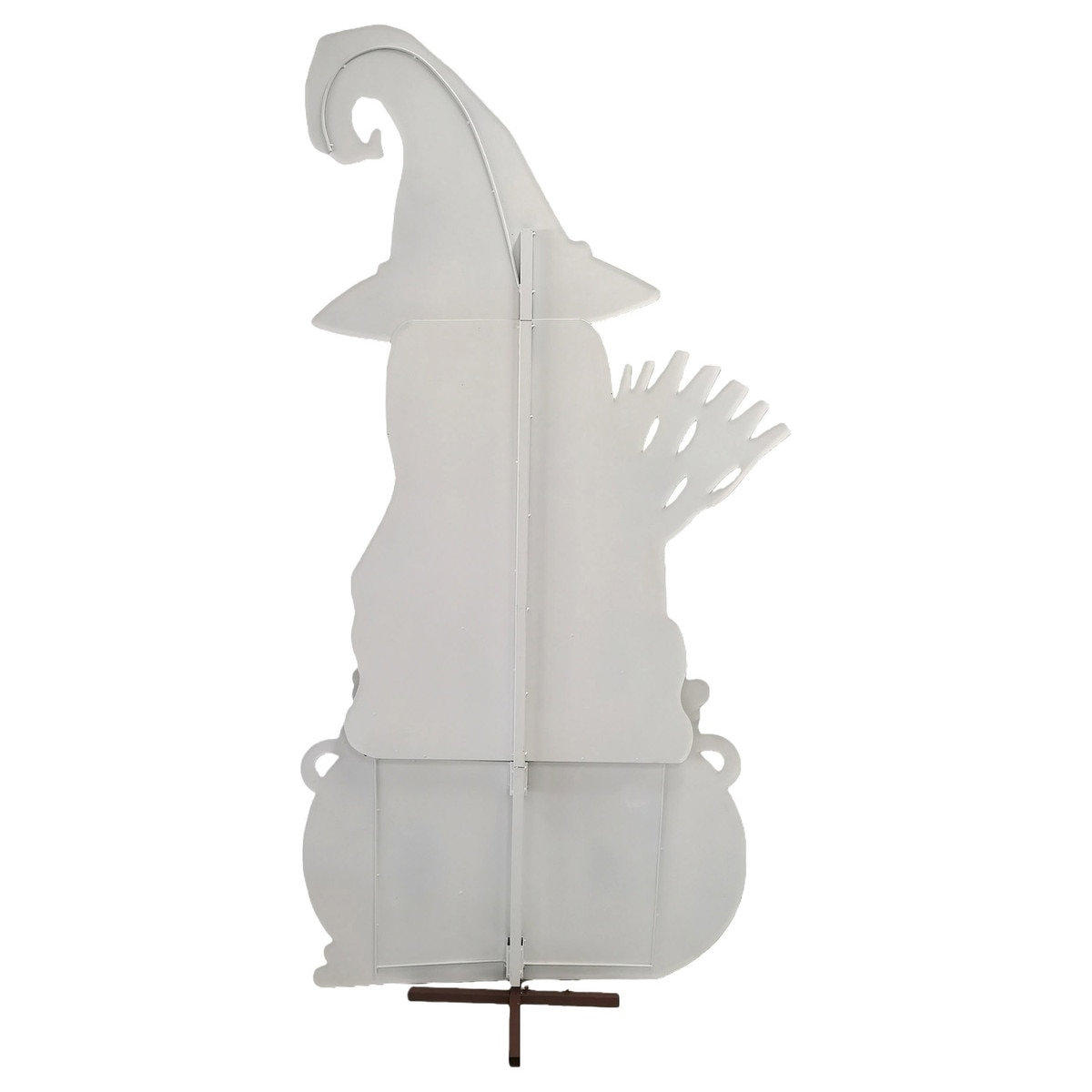 Back view of a tall white ghost witch cutout with a cauldron, broom, and support stand.