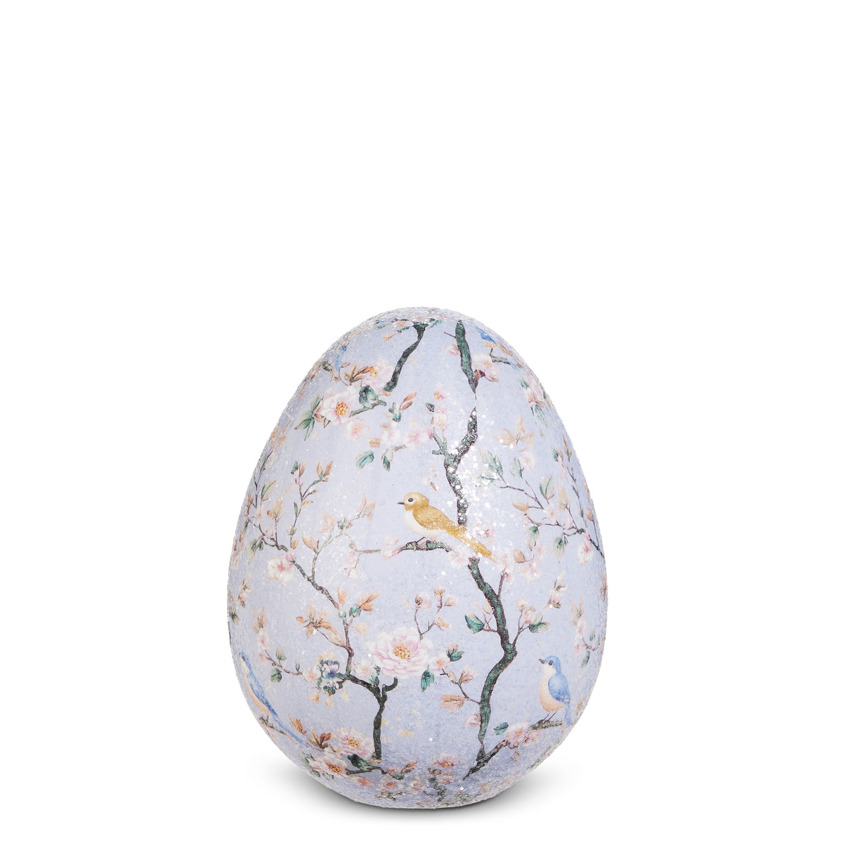Styrofoam Easter egg decorated with pastel petal patterns and chirp motifs.