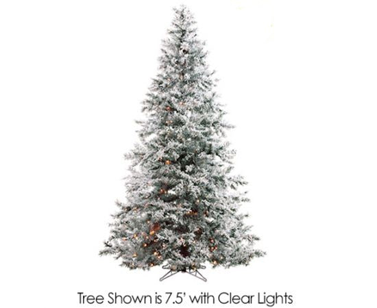 Ten-foot artificial tree with clear lights on a decorative metal stand.