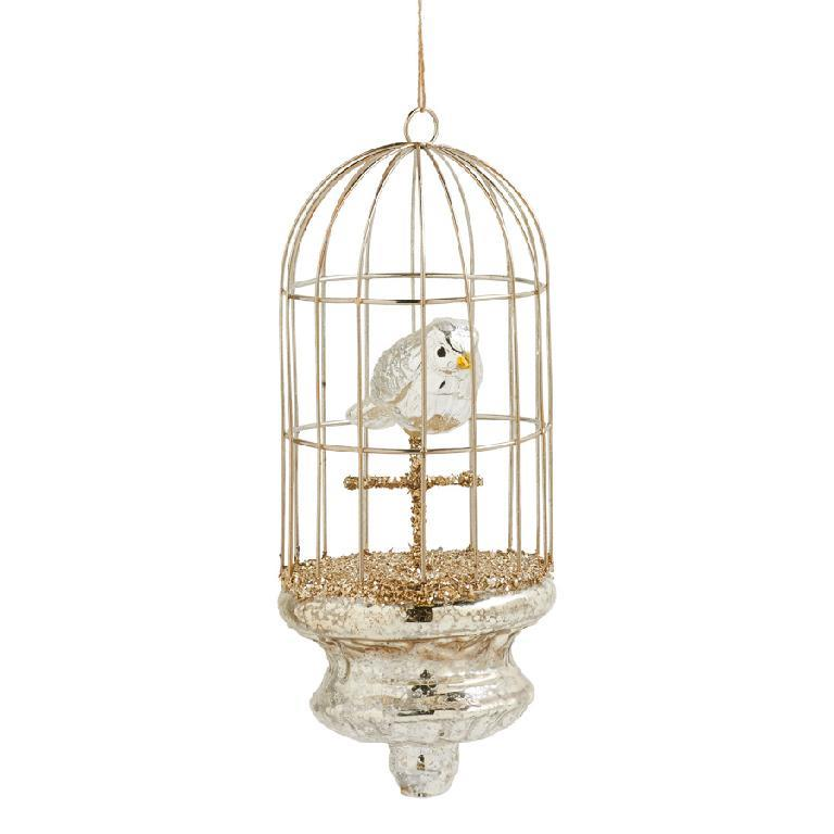 7.5 inch mercury glass birdcage ornament with a small bird inside on a glittery perch.