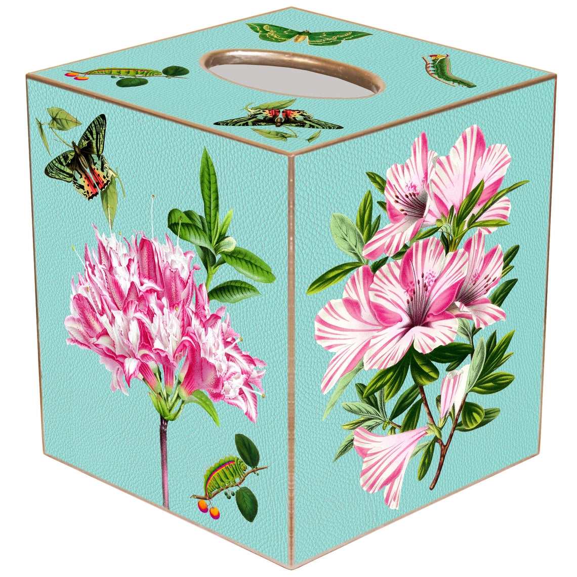 Hand-painted gold tissue box cover with paper mache finish.