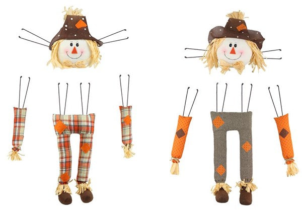 Two sets of scarecrow decor kits featuring smiling heads, plaid and solid legs, and matching arms.