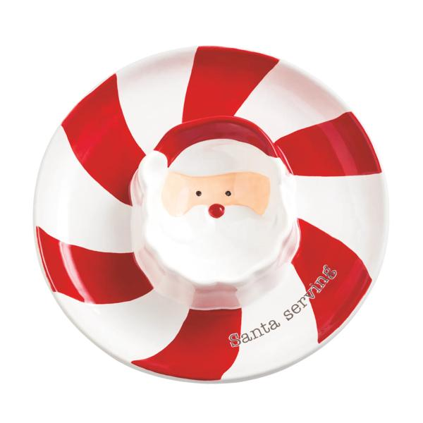 Sectioned Christmas dish with a red and white peppermint swirl pattern and a Santa face center well.
