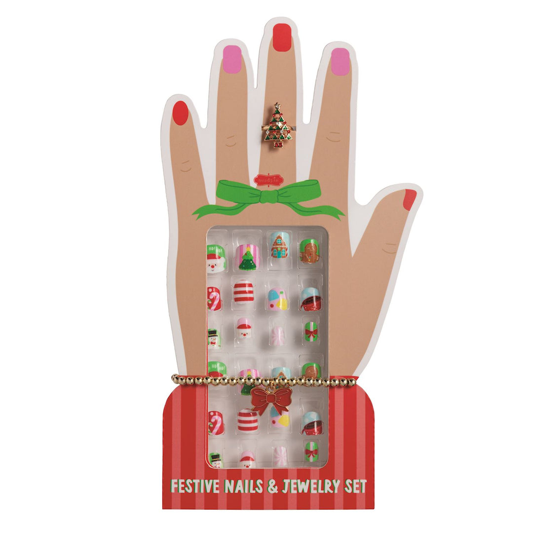 Christmas Nails & Jewelry Set with a tree ring, bead bracelet, and press-on nails on a hand card.