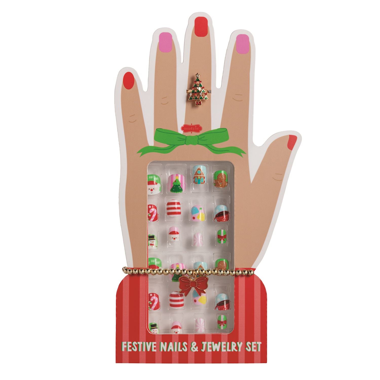 Christmas Nails & Jewelry Set with a tree ring, bead bracelet, and press-on nails on a hand card.