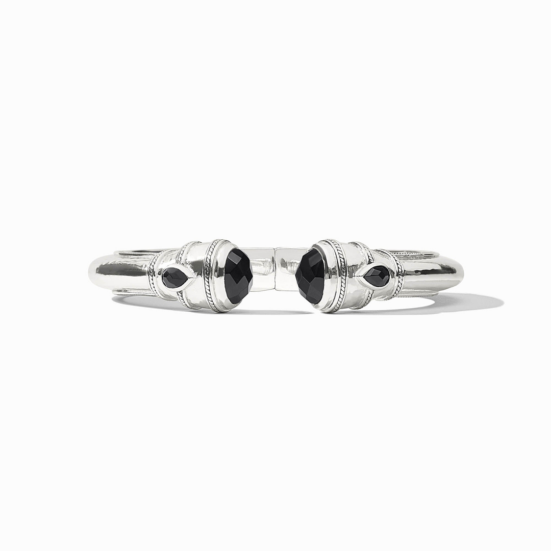 Cannes Demi Cuff in silver with black faceted gemstone endcaps and pear-shaped accents.