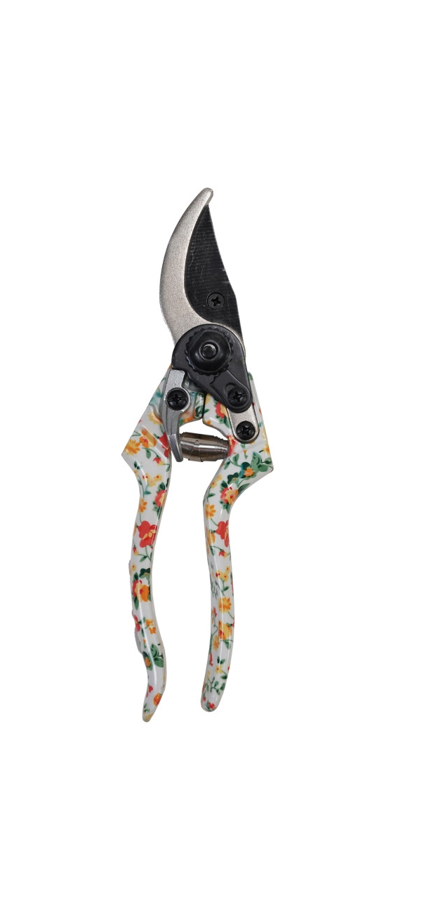Garden pruning shears with a colorful floral pattern on the handles and sharp metal blades.