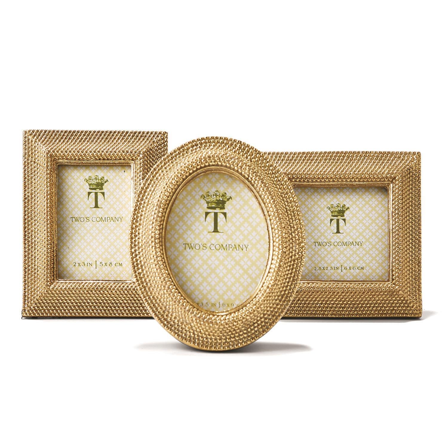 Three Tuileries golden dots photo frames in rectangular, oval, and square shapes with resin borders.