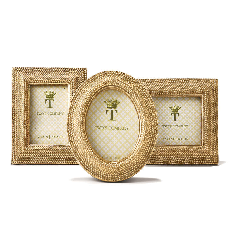 Three Tuileries golden dots photo frames in rectangular, oval, and square shapes with resin borders.
