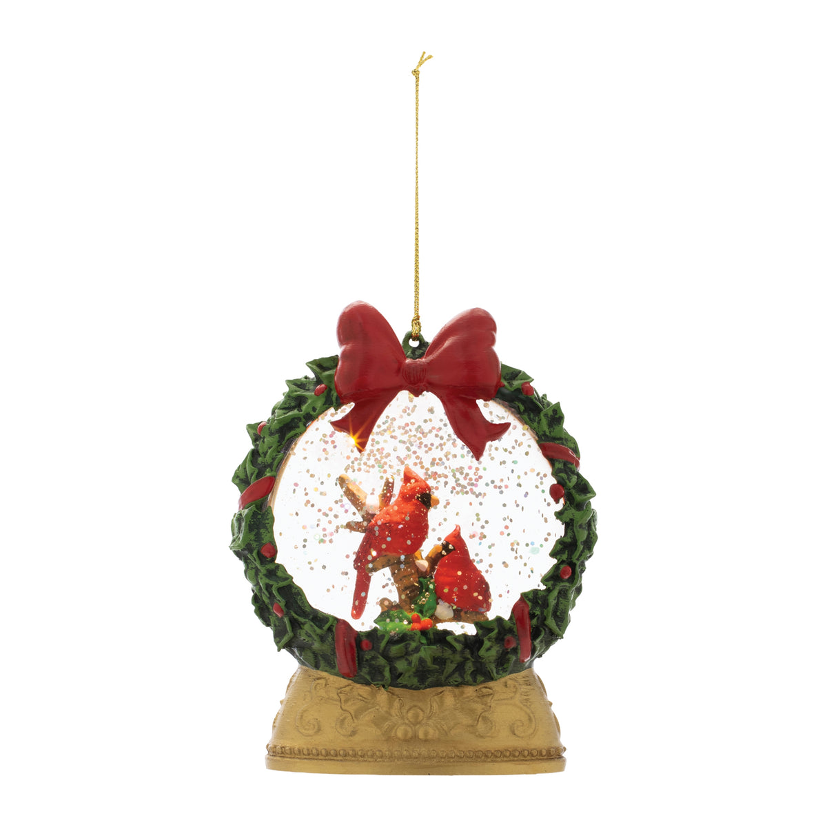 LED globe ornament featuring two red cardinals inside a wreath with a red bow and gold base.
