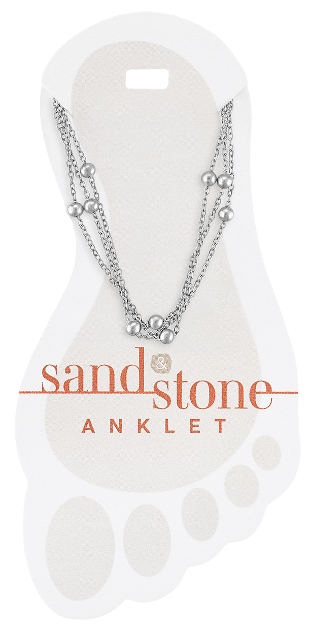 Silver multi-strand anklet with sand and stone beads on a chain link