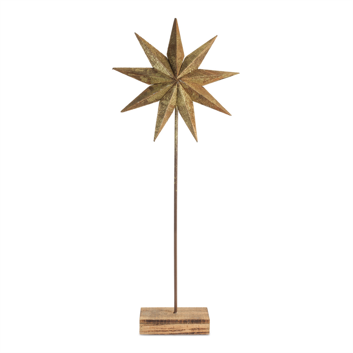 Gold glittered multi-point star on a thin metal rod with a rectangular wooden base.