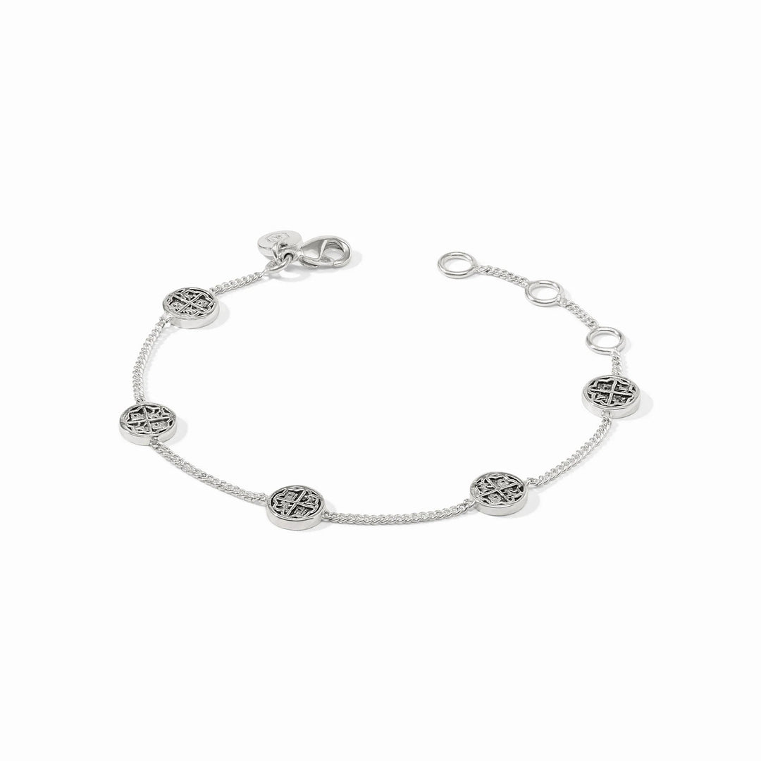 Silver Valencia Delicate Bracelet featuring five circular filigree charms on a fine chain.