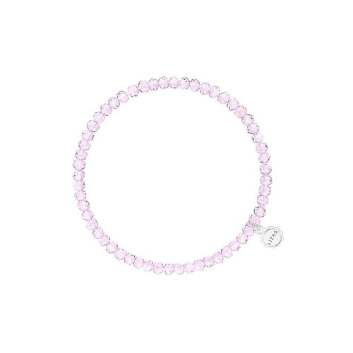 Stretchy bracelet with faceted glass beads in a colorful beaded pattern.