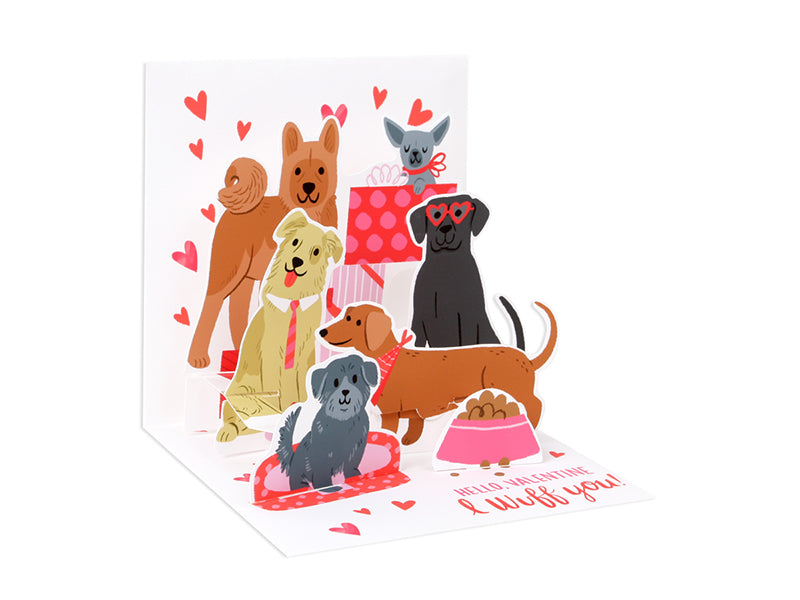 White Valentine's Day card with red glitter finish featuring the text 'I Wuff You!' inside.