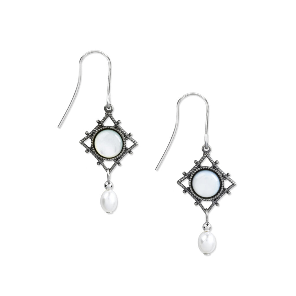 Silver filigree diamond-shaped drop earrings with mother of pearl centers and pearl accents.