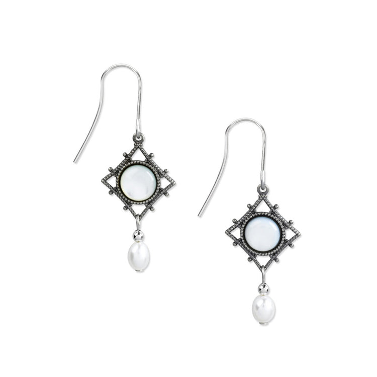 Silver filigree diamond-shaped drop earrings with mother of pearl centers and pearl accents.