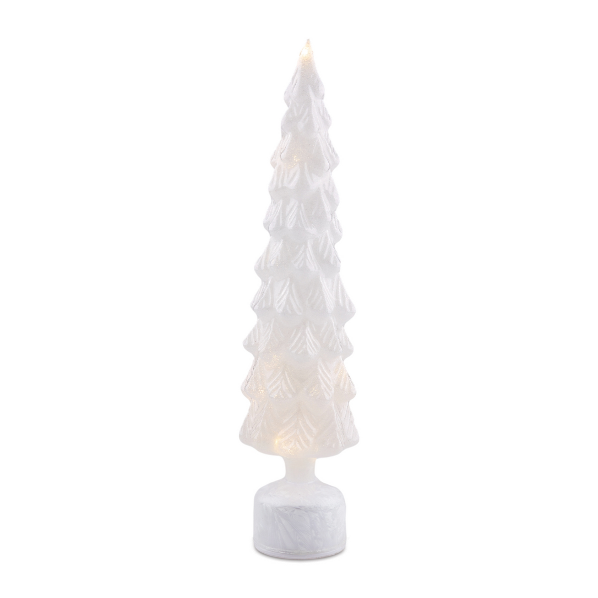 Tall white rotating glass Christmas tree with molded branch details and internal LED light.