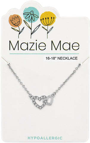 Silver Mazie Mae necklace with interlocking hearts on a 16-18 inch chain.
