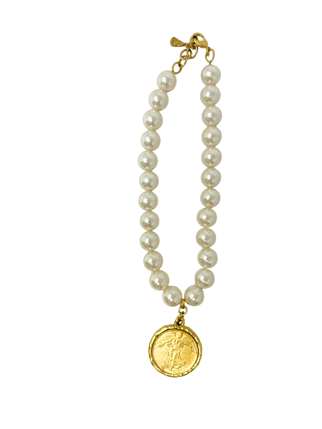 Pearl bead necklace featuring a round gold Liberty coin pendant and a gold-tone lobster clasp.