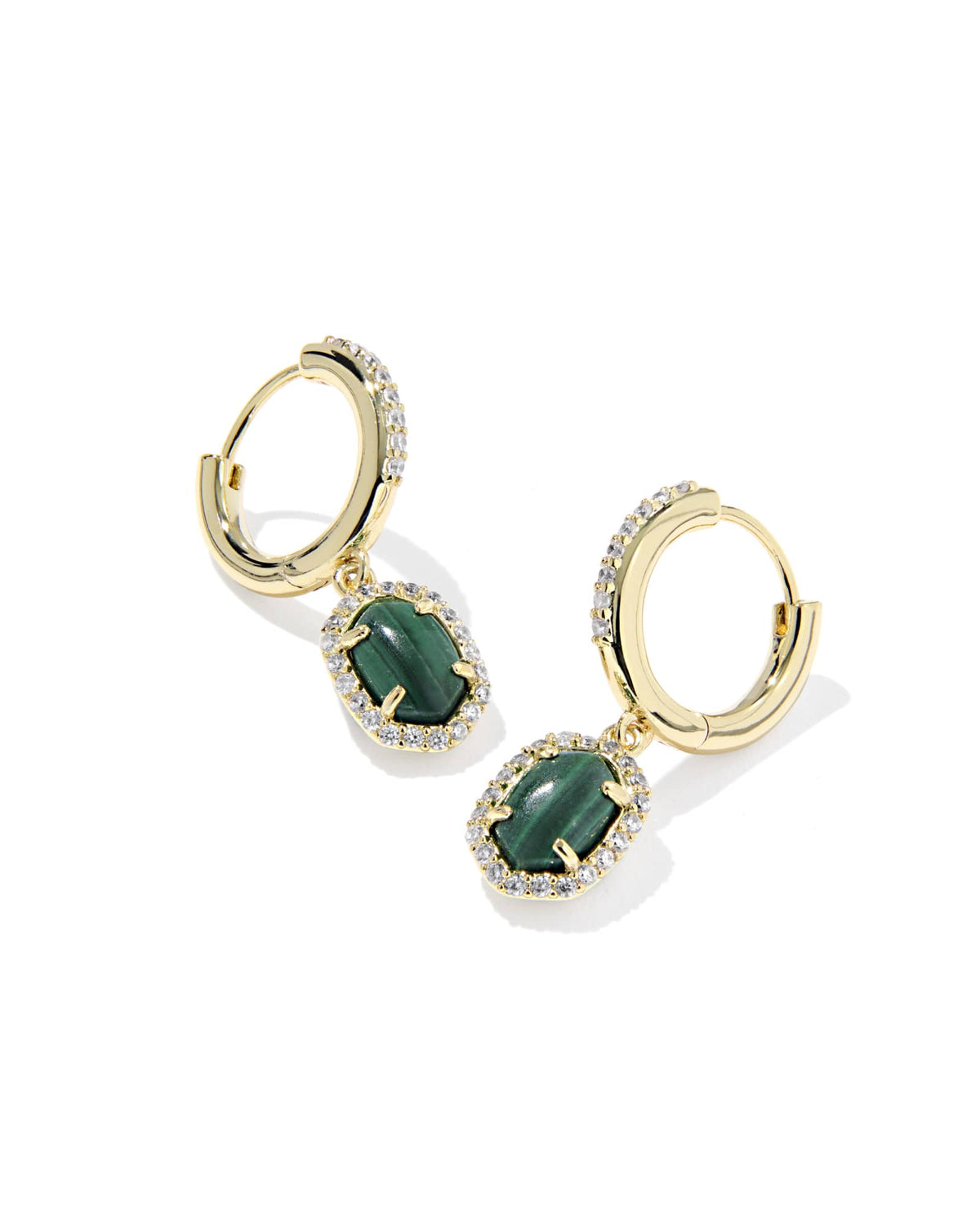 Daphne gold huggie earrings featuring green malachite charms with a crystal frame.
