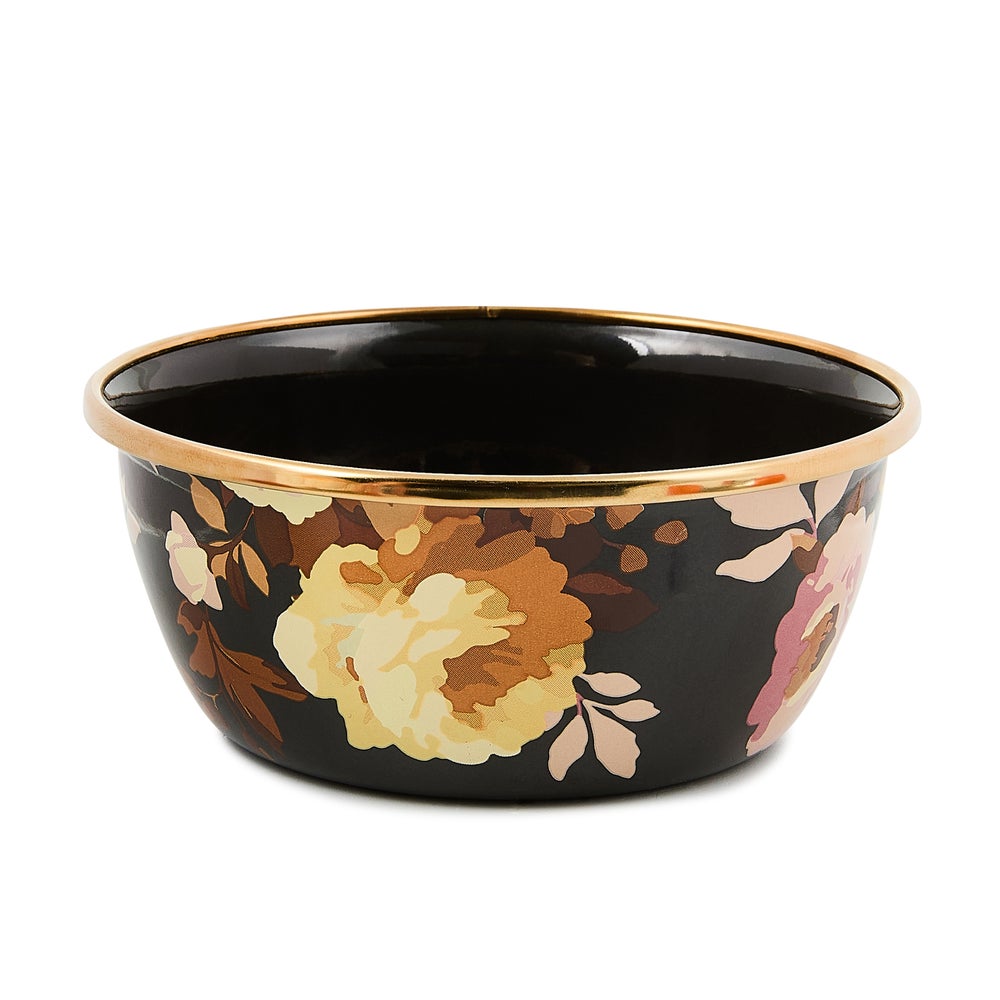 Wild Rose brown pinch bowl with bronzed stainless steel rim and hand-applied transfer decoration on heavy-gauge steel.