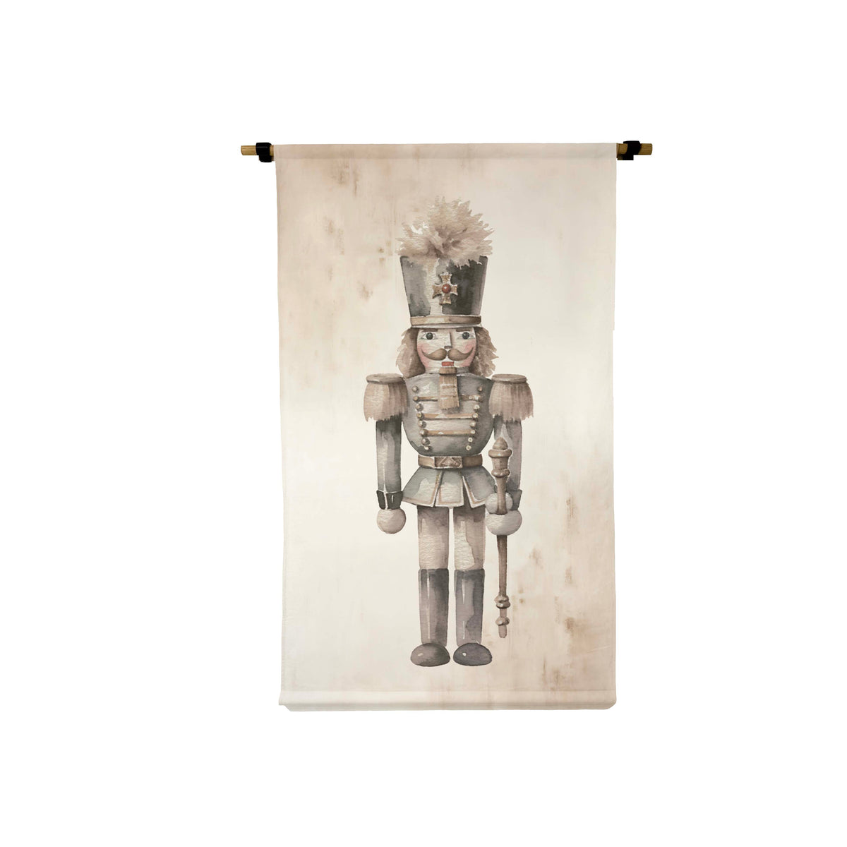Small vertical canvas scroll with a watercolor nutcracker illustration on raw natural canvas.