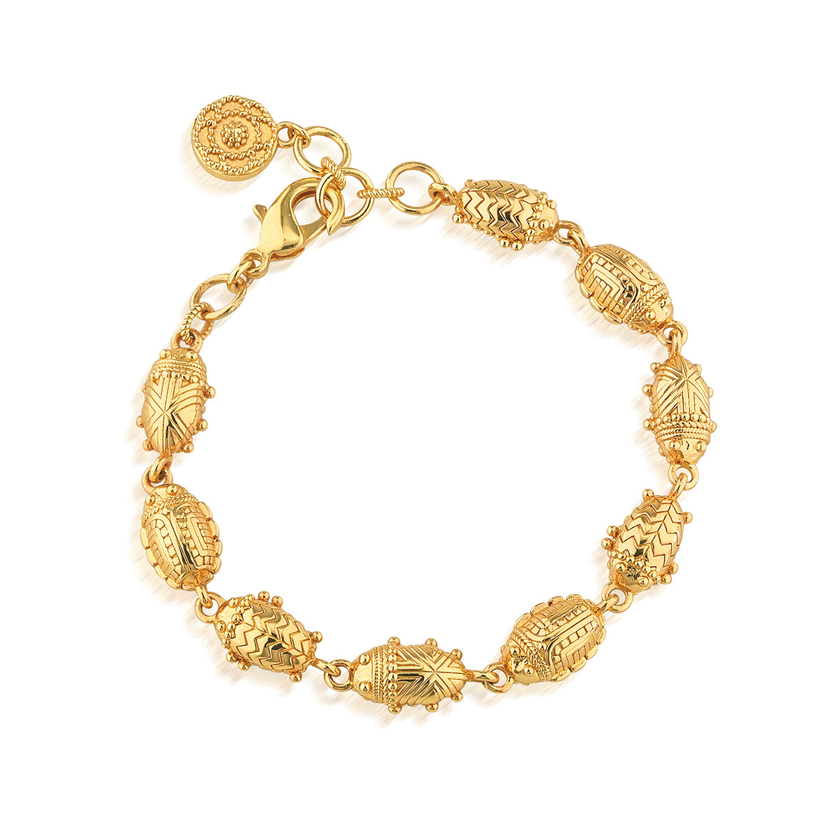 Gold Scarab Petite Linear Link Bracelet with detailed beetle charms and an adjustable clasp.