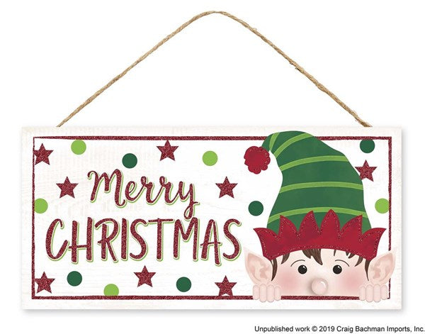 Glitter Peeking Elf Christmas Sign with 'Merry Christmas' text and a hanging twine rope.