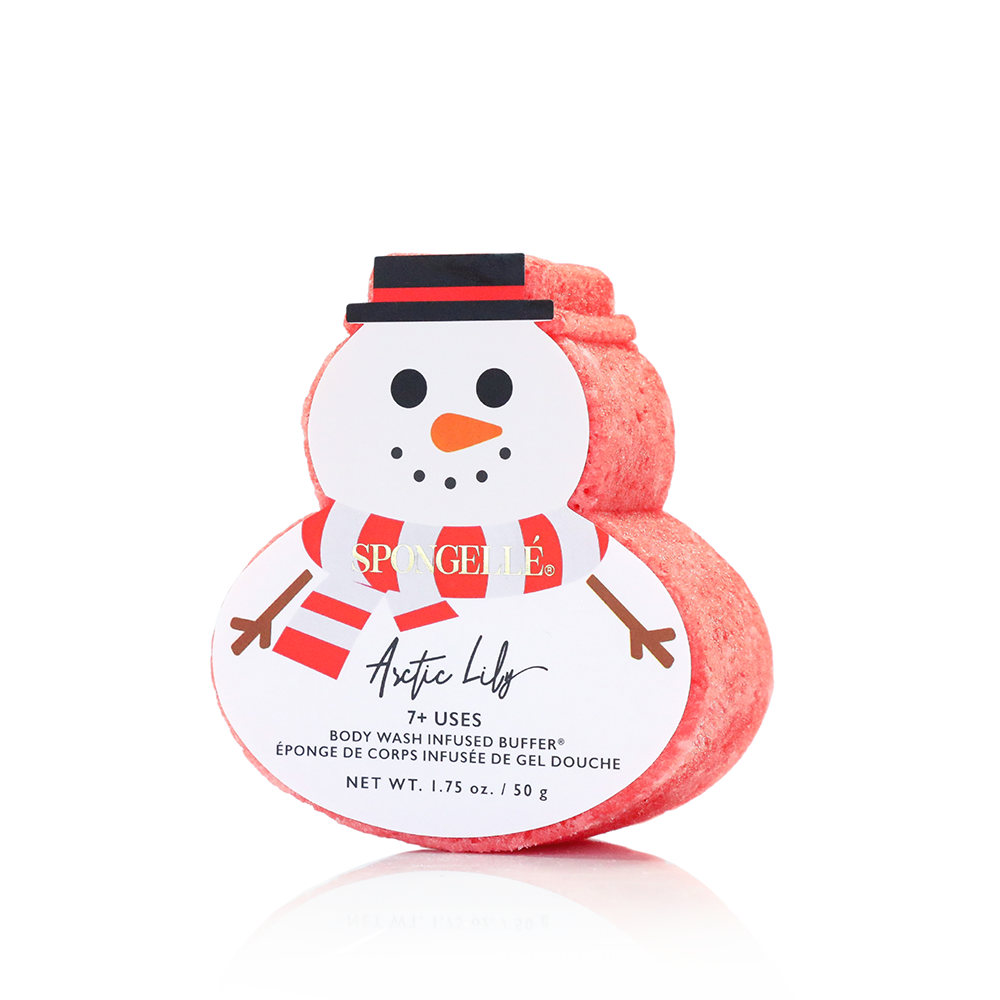 Holiday Snowman body wash buffer with white pear orchid scent in festive packaging
