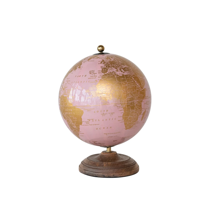 Pink and gold metal and PVC globe on a round mango wood stand.