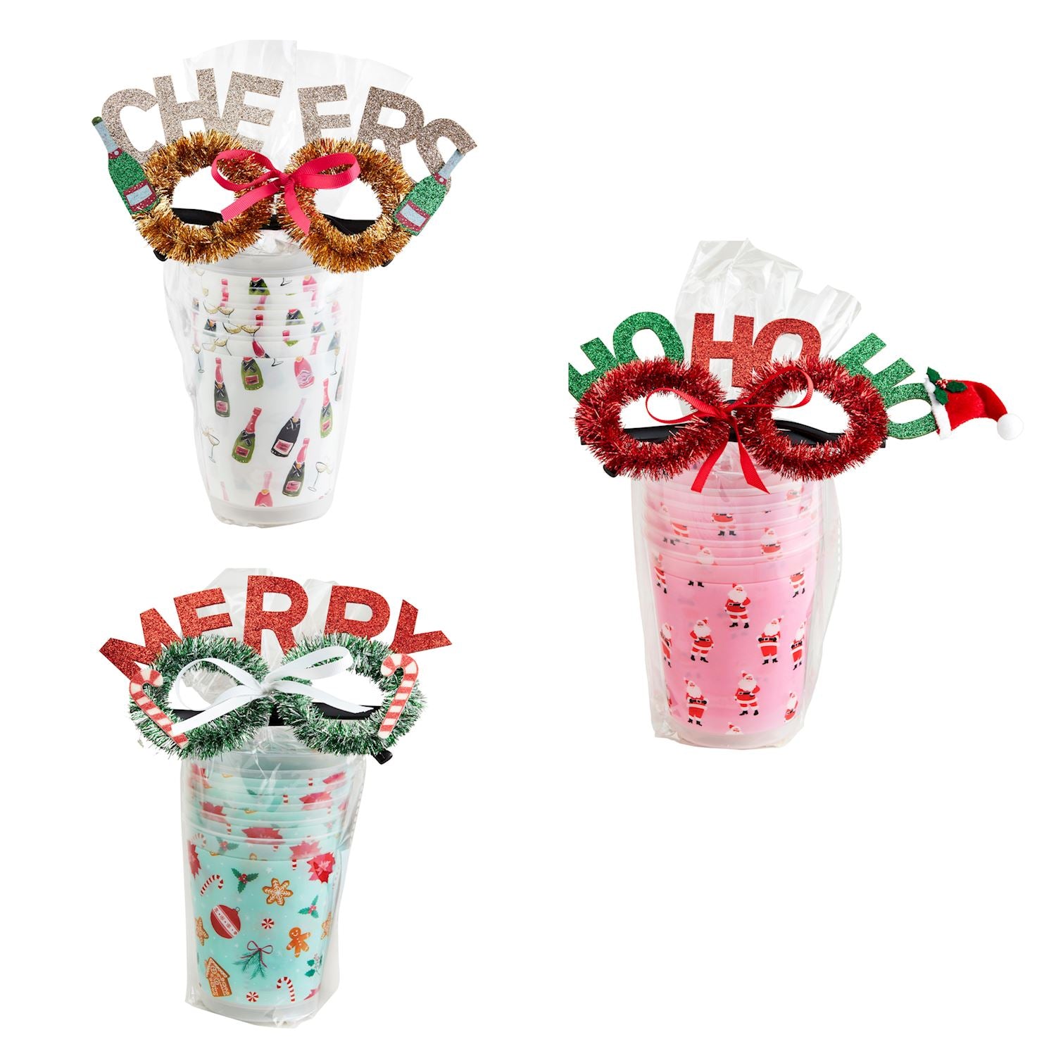 Three holiday party cup sets, each with festive glasses and themed cups: "Cheers" with champagne, "Ho Ho Ho" with Santa, and "Merry" with gingerbread.