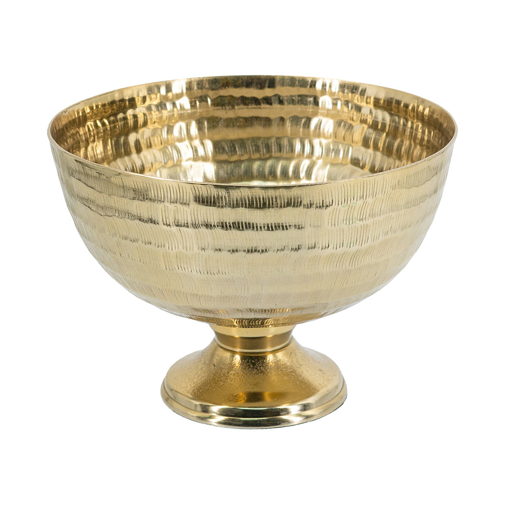 Decorative gold aluminum pedestal bowl with a textured, hammered finish.