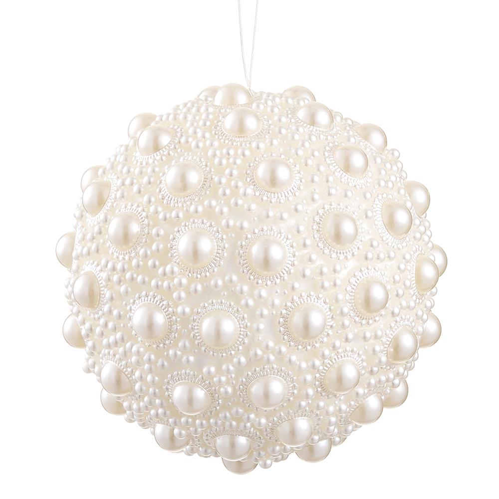 4-inch white pearl ball ornament with textured acrylic pearl beads and a hanging string.