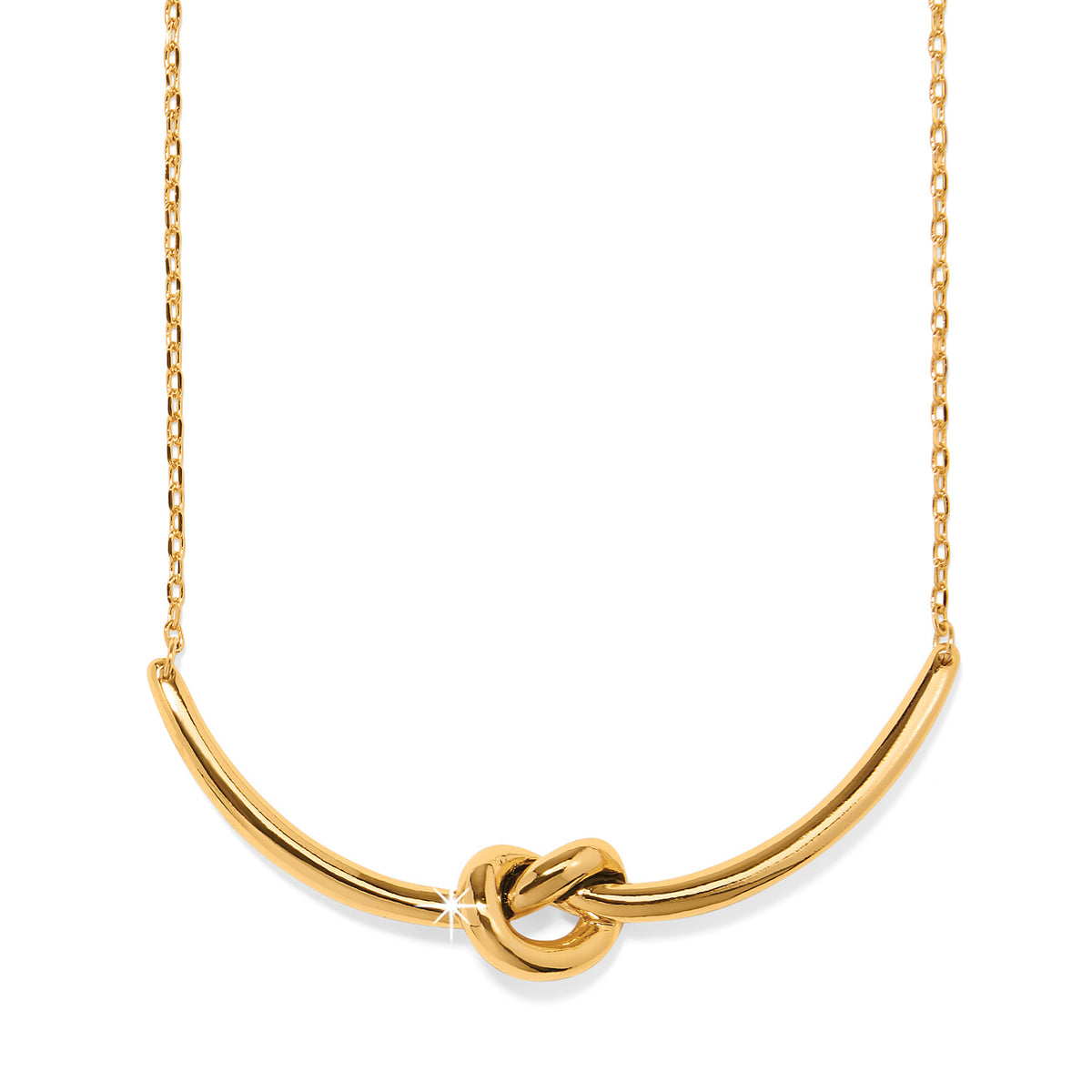 Interlok Single Knot Necklace in gold plating with a curved bar and central knot pendant.