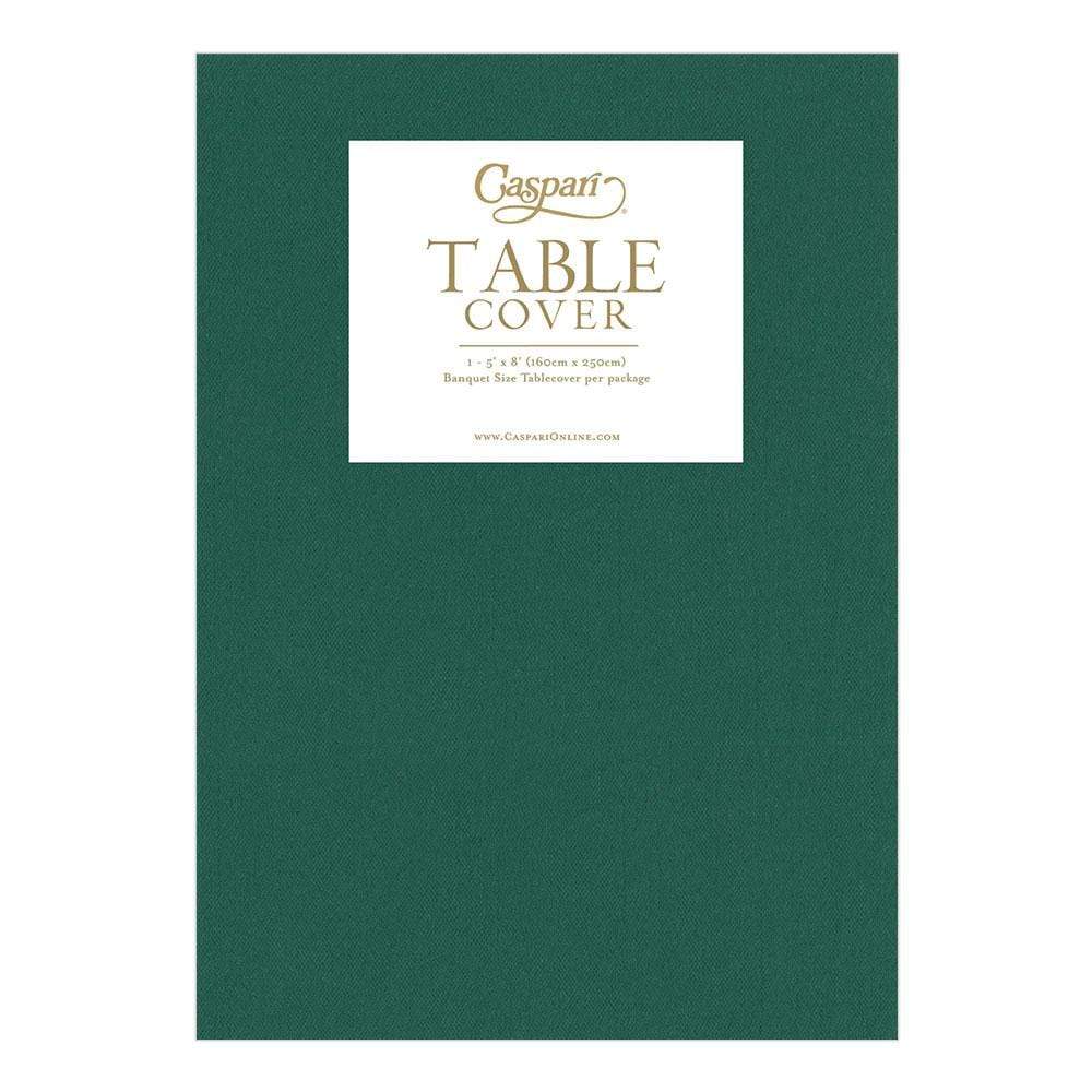 Hunter Green paper linen solid table cover in packaging, measuring 5 feet by 8 feet.