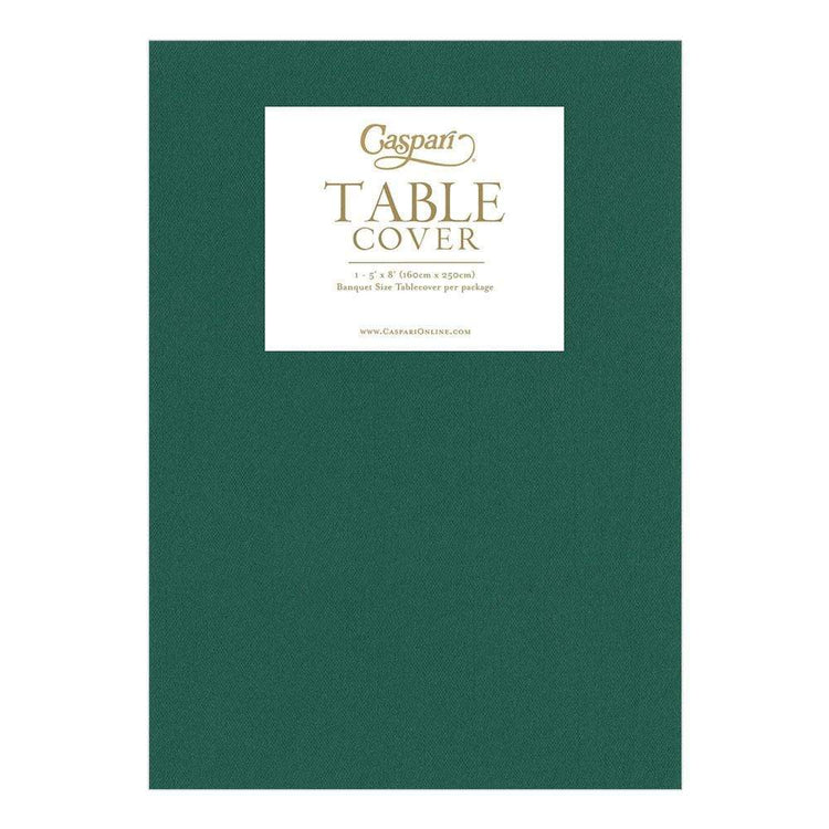 Hunter Green paper linen solid table cover in packaging, measuring 5 feet by 8 feet.