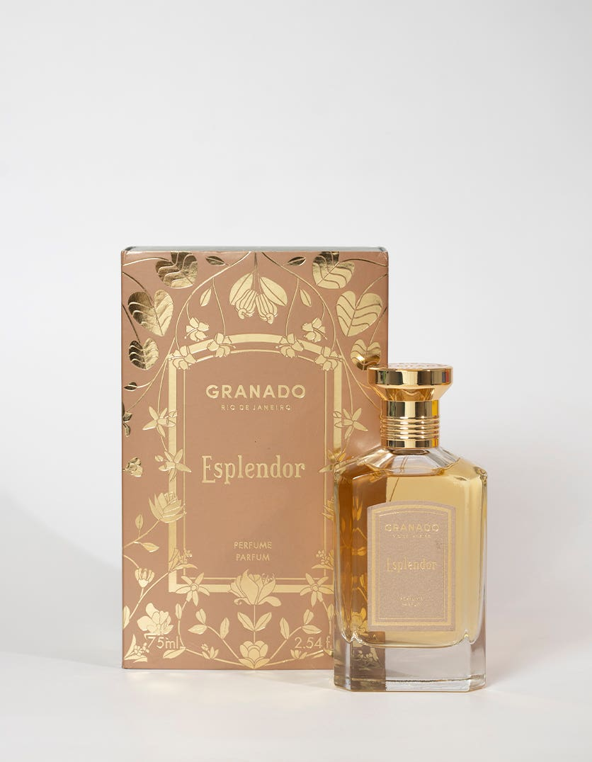 Esplendor Eau de Parfum by Granado in a 75ml glass bottle next to its gold-patterned box.
