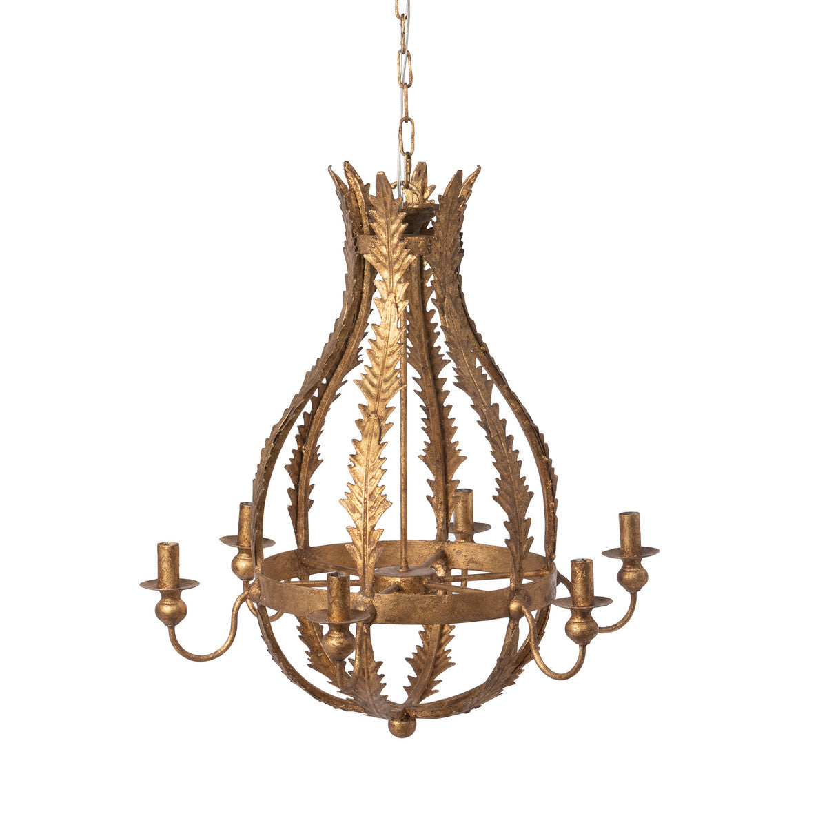 Antique gold handcrafted iron chandelier with shaped frame in Southern Classic style