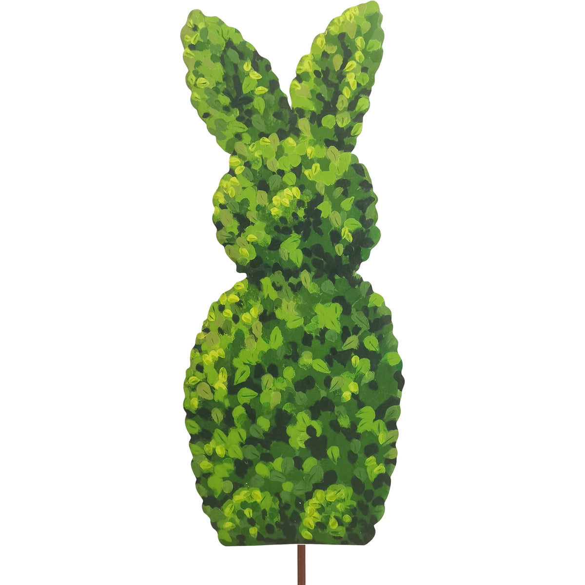 Boxwood bunny topiary in boxwood foliage shaped as a rabbit silhouette on an easel stand.